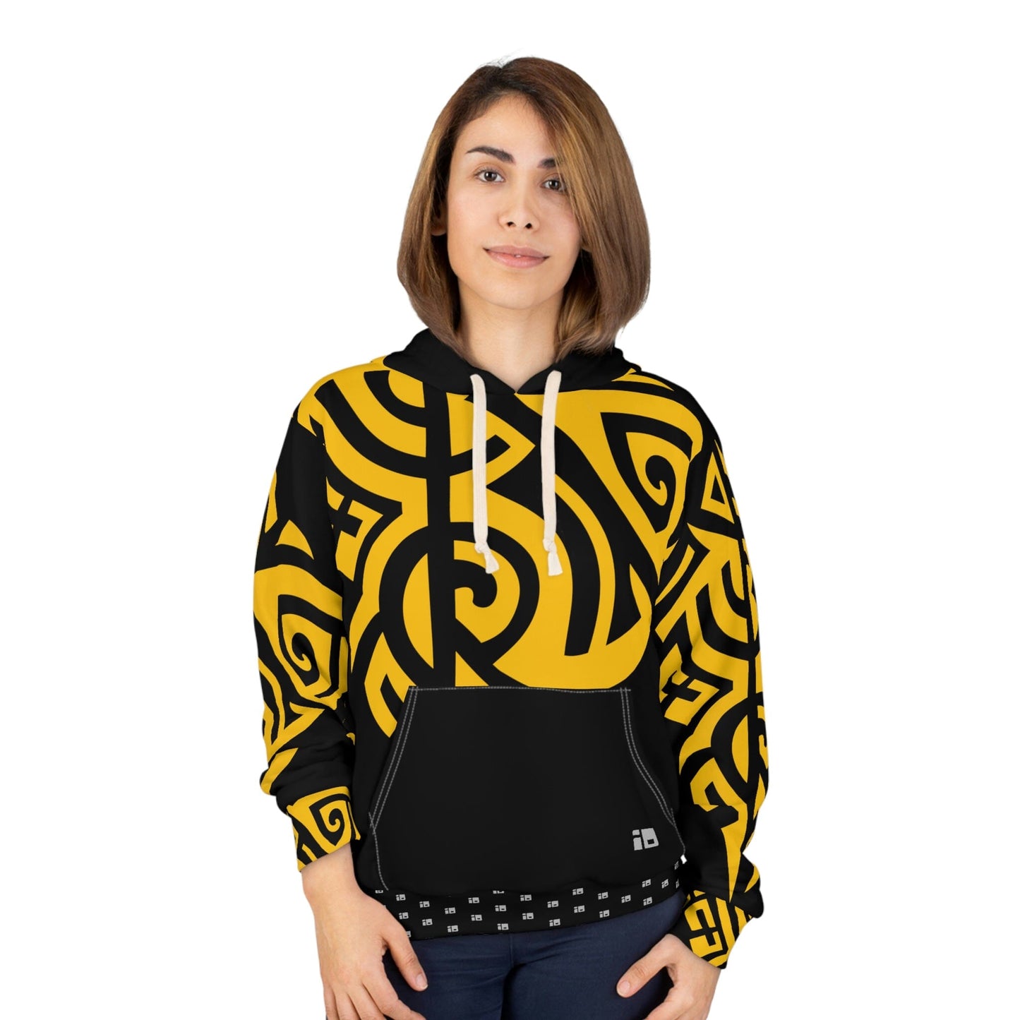Black Pullover Hoodie with Intense Yellow Tribal Tattoo Design- Unisex All Over Prints InkedOut