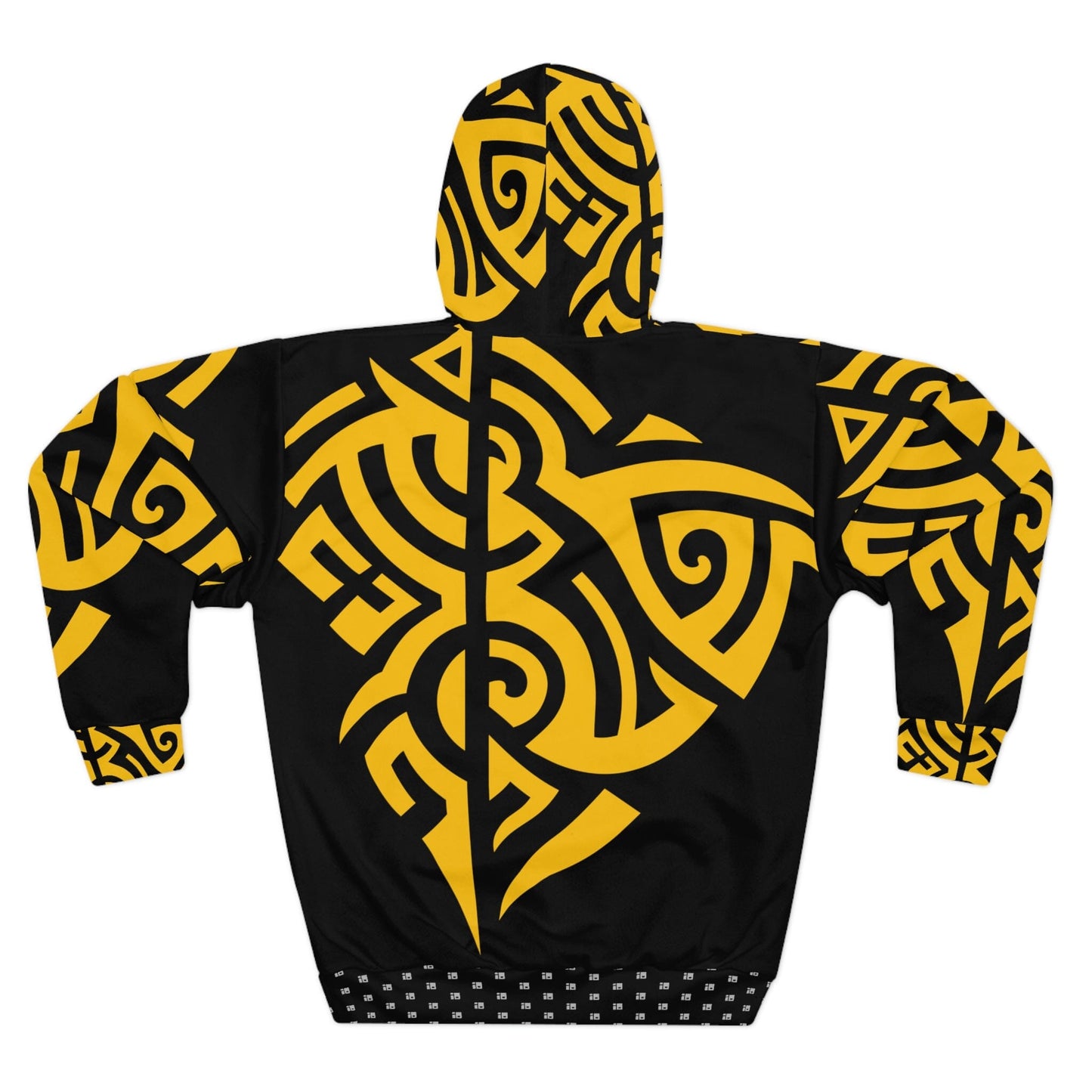 Black Pullover Hoodie with Intense Yellow Tribal Tattoo Design- Unisex All Over Prints InkedOut