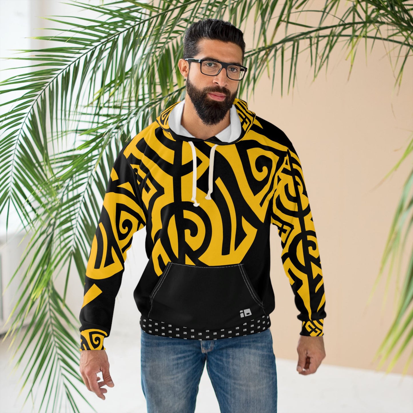 Black Pullover Hoodie with Intense Yellow Tribal Tattoo Design- Unisex All Over Prints InkedOut XS