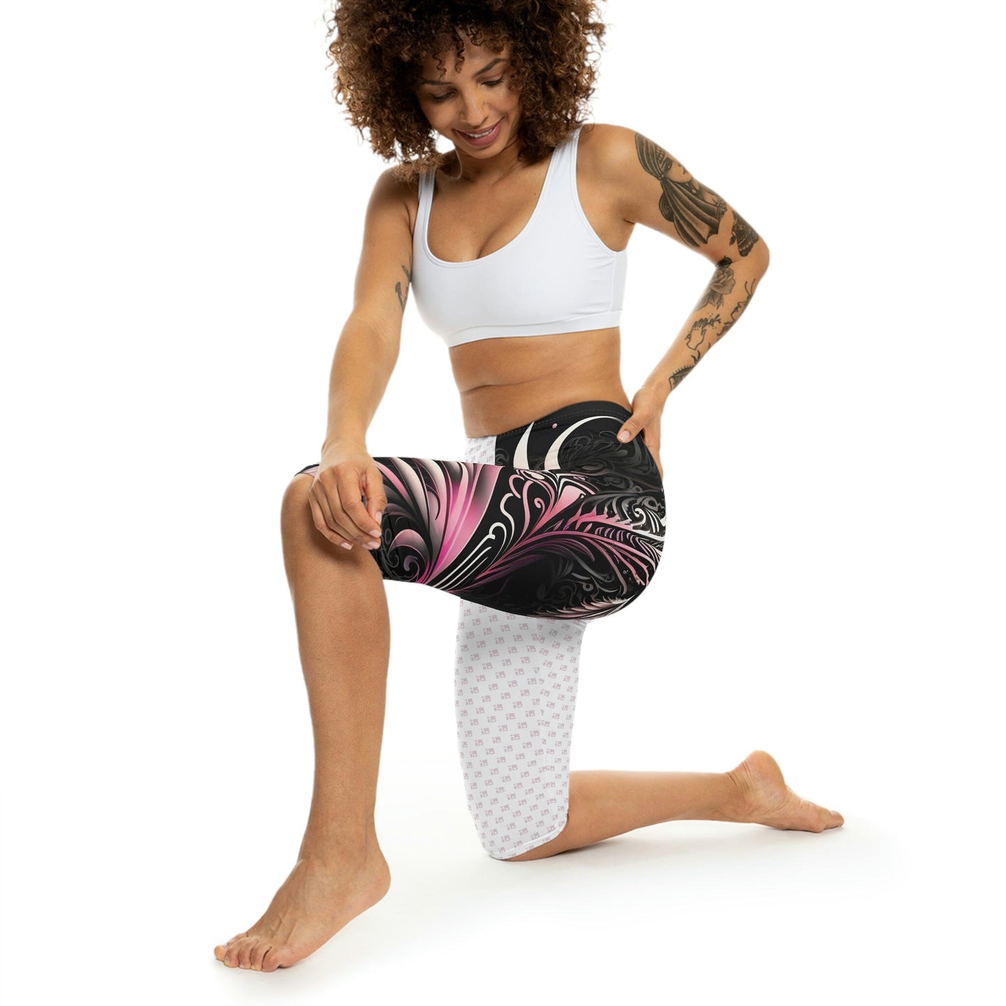 Capri Leggings with Pink and Black Floral Tribal Design All Over Prints Printify