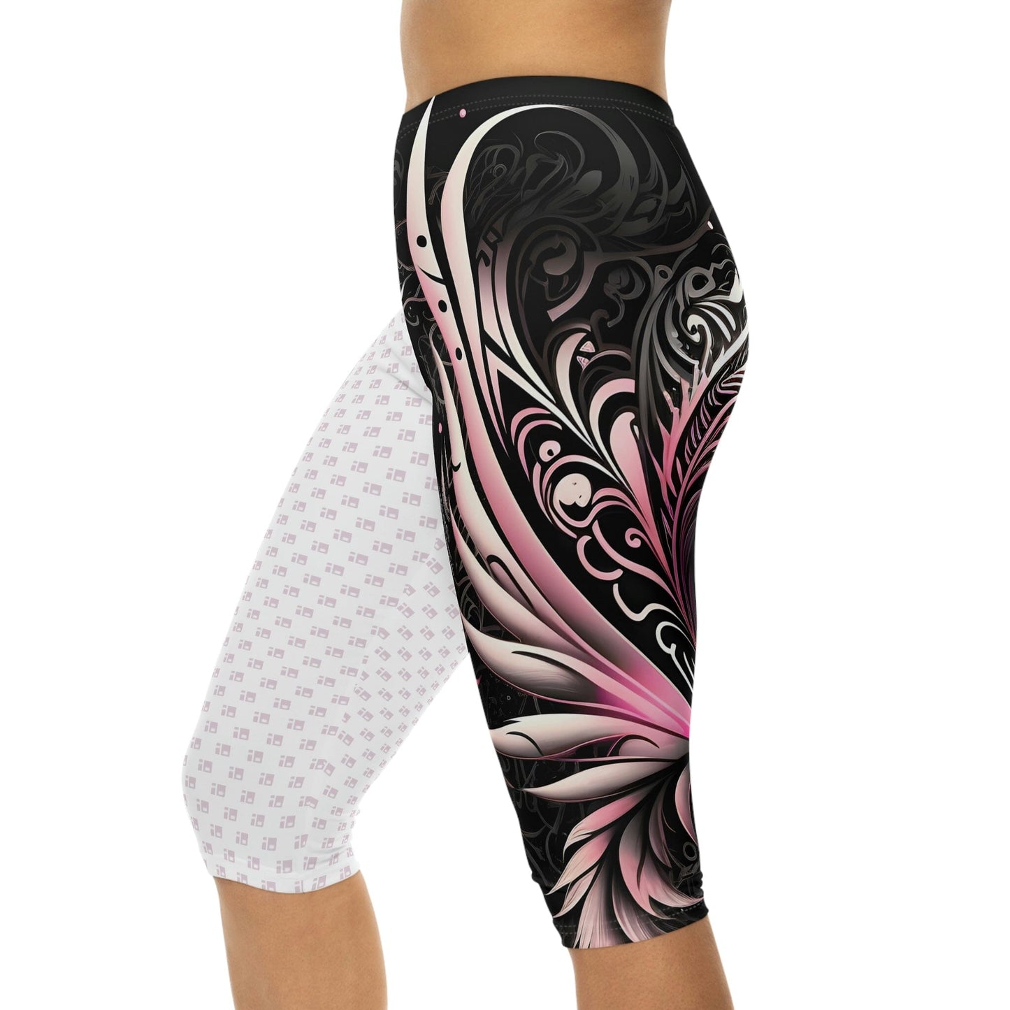 Capri Leggings with Pink and Black Floral Tribal Design All Over Prints Printify