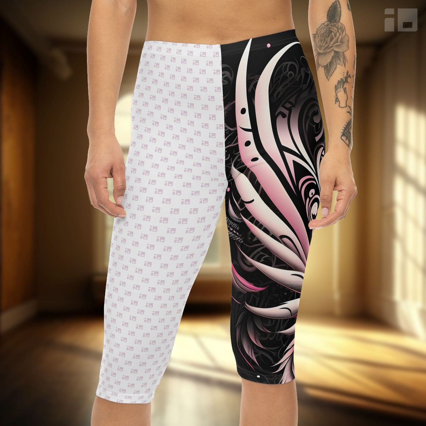 Capri Leggings with Pink and Black Floral Tribal Design All Over Prints Printify