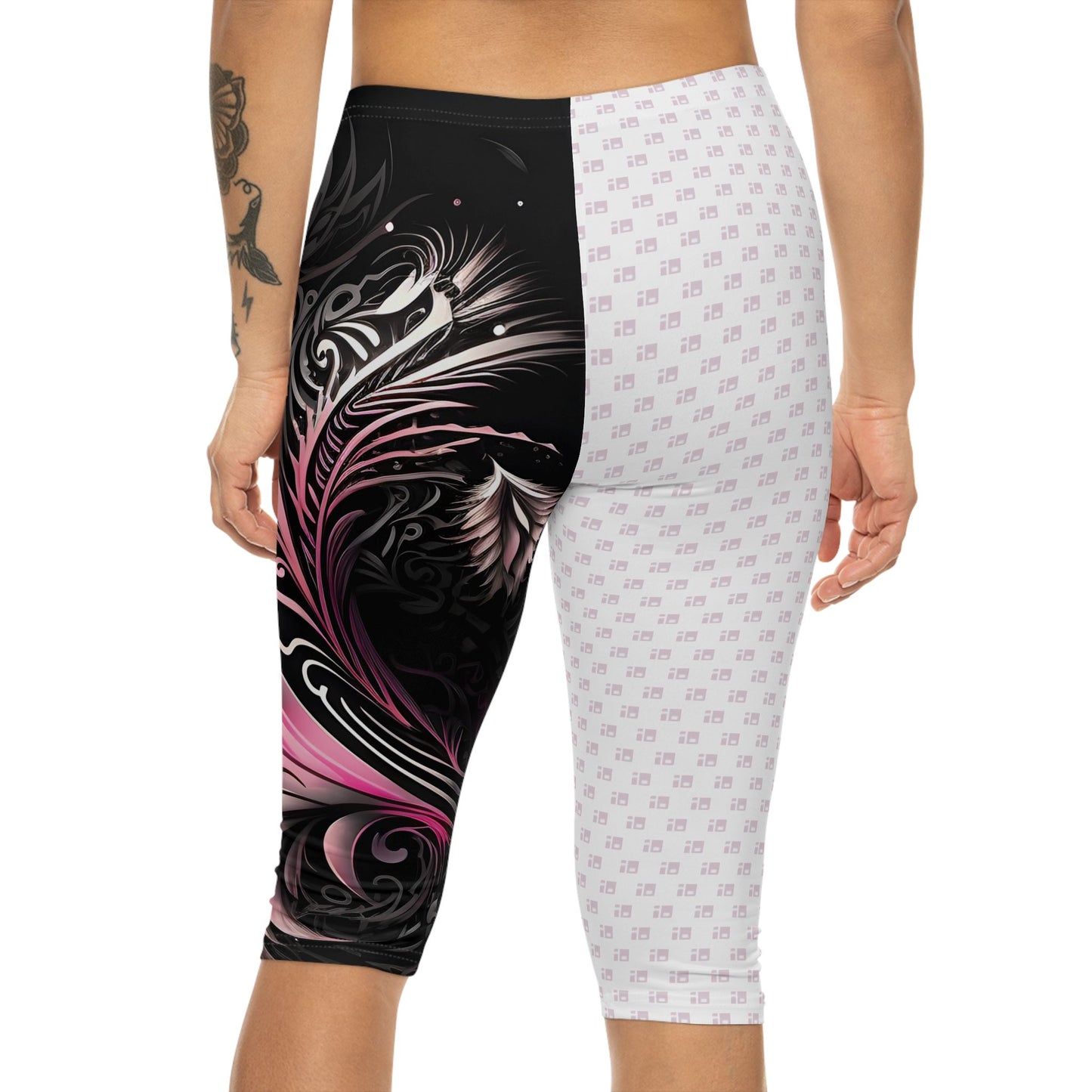Capri Leggings with Pink and Black Floral Tribal Design All Over Prints Printify