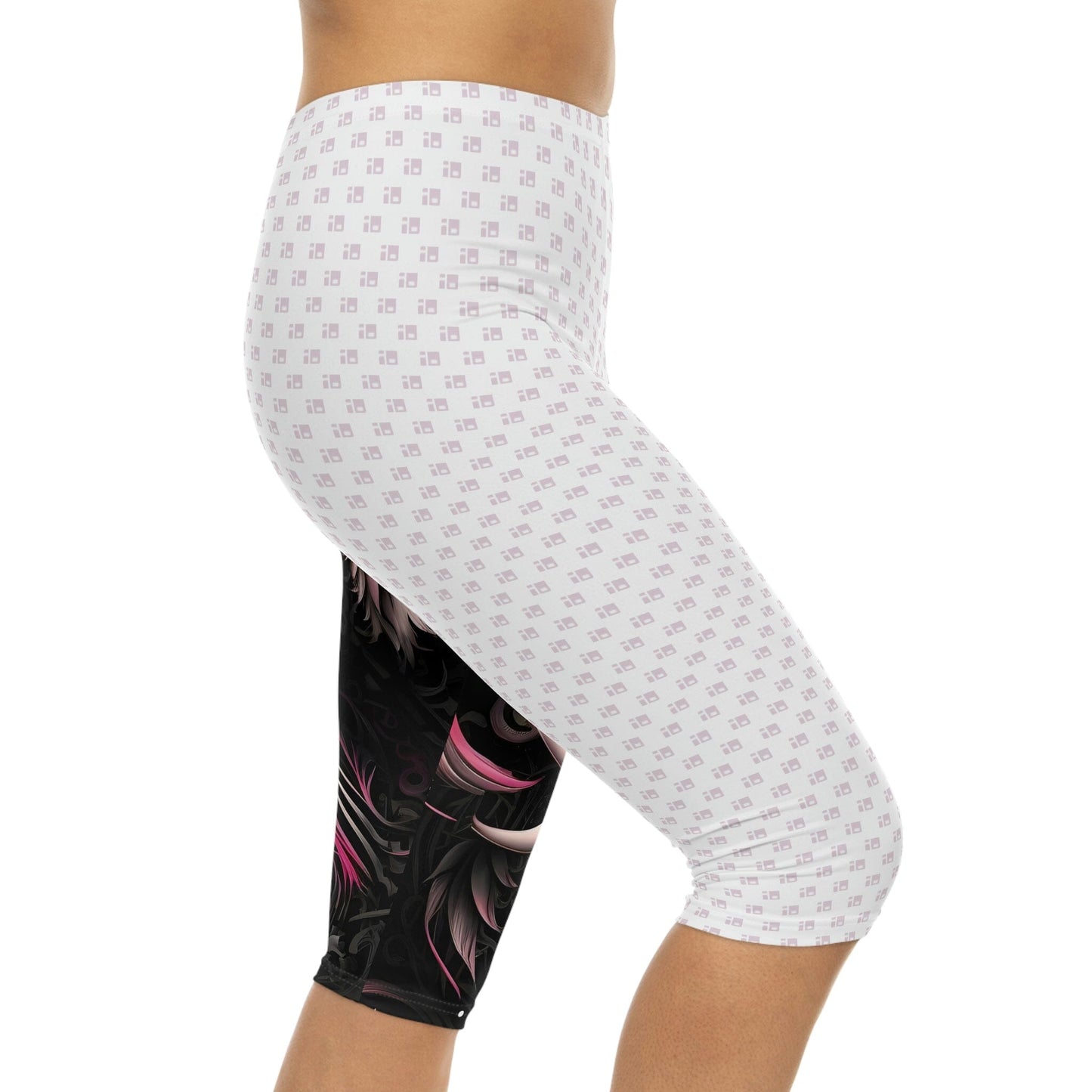 Capri Leggings with Pink and Black Floral Tribal Design All Over Prints Printify