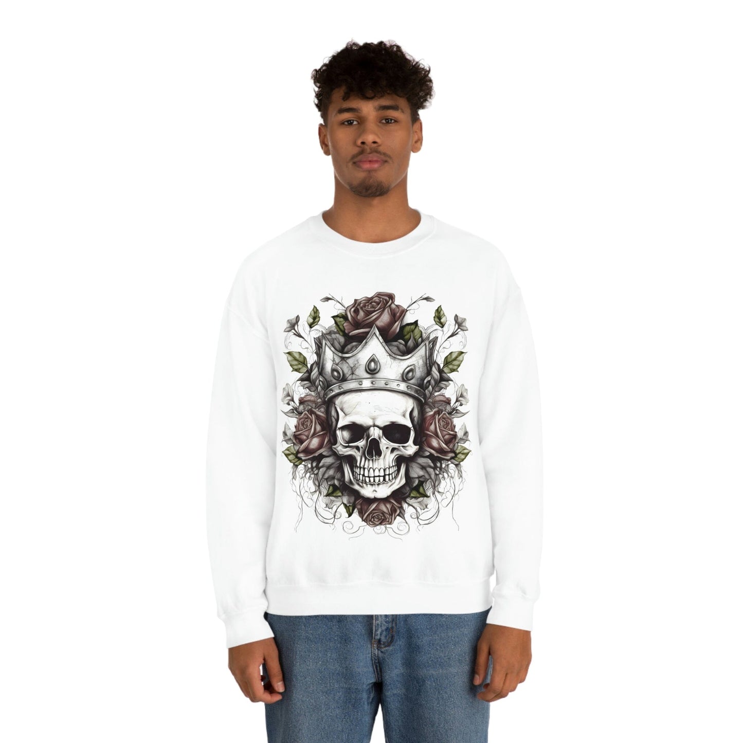 Classic Crown Skull and Roses Tattoo Design Sweatshirt- Unisex Sweatshirt Printify