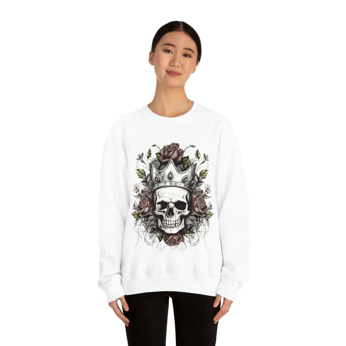 Classic Crown Skull and Roses Tattoo Design Sweatshirt- Unisex Sweatshirt Printify