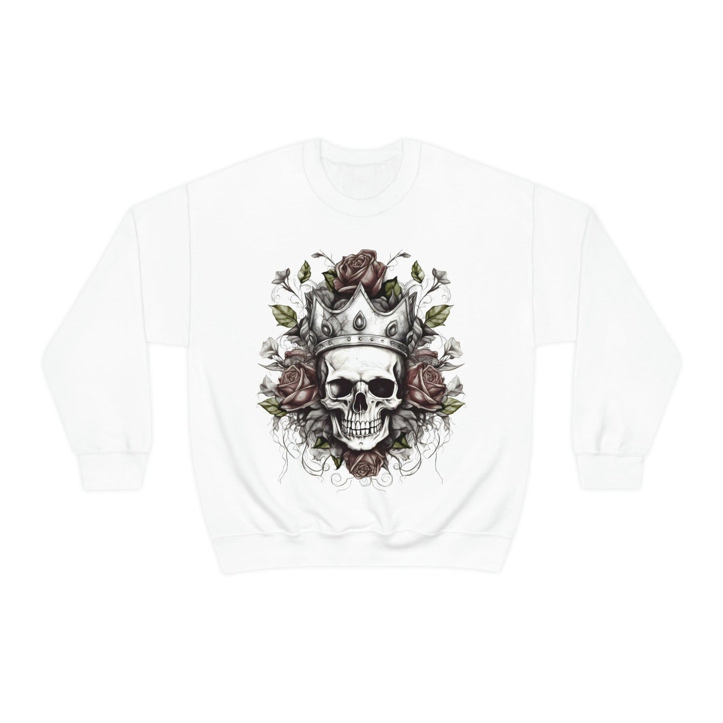 Classic Crown Skull and Roses Tattoo Design Sweatshirt- Unisex Sweatshirt Printify M White