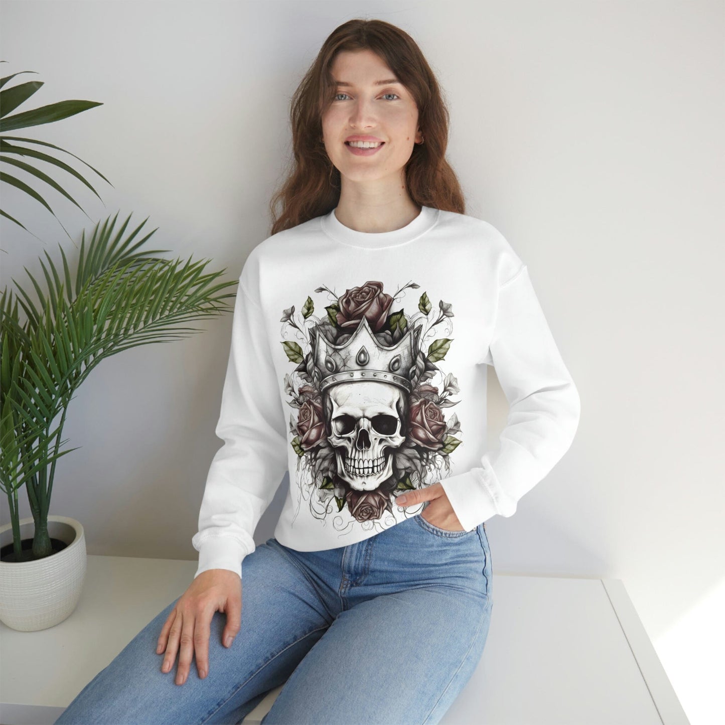 Classic Crown Skull and Roses Tattoo Design Sweatshirt- Unisex Sweatshirt Printify S White