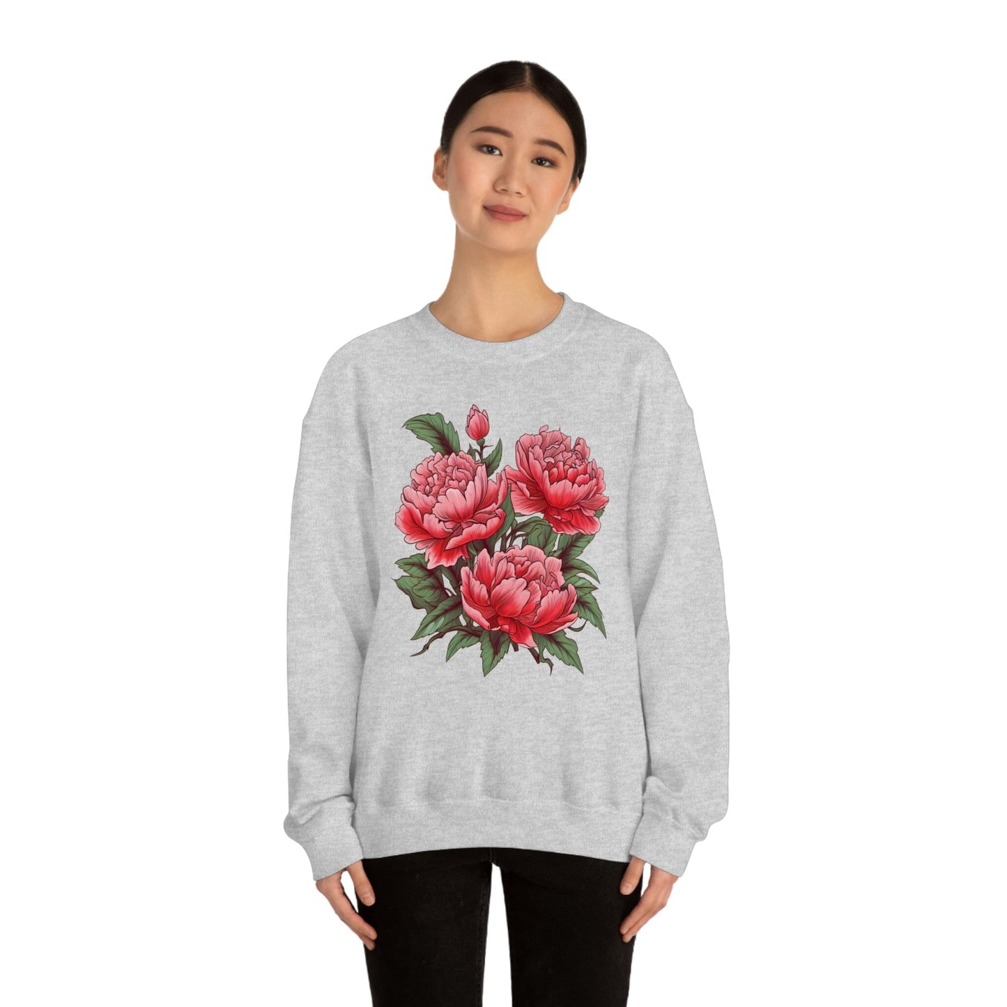 Japanese Art Style Pink Peonies Sweatshirt- Unisex Sweatshirt Printify