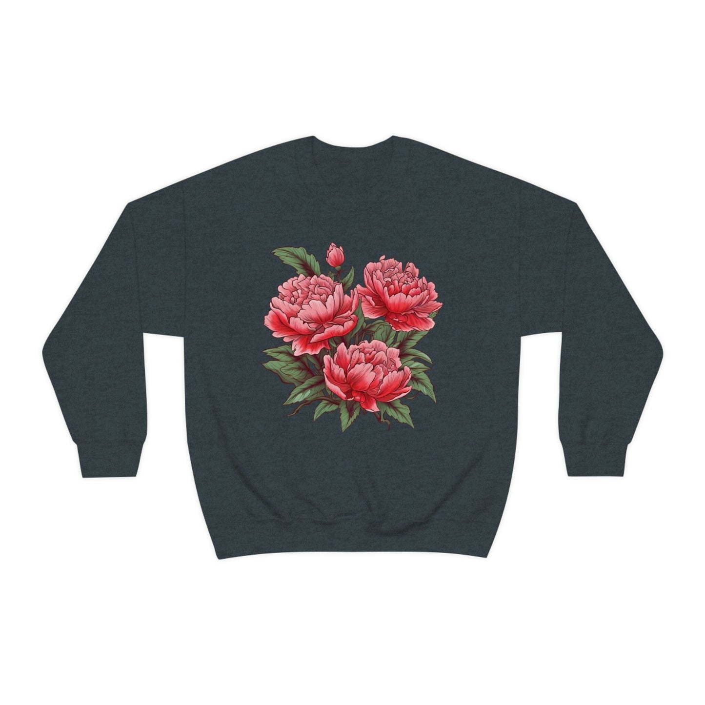 Japanese Art Style Pink Peonies Sweatshirt- Unisex Sweatshirt Printify S Dark Heather