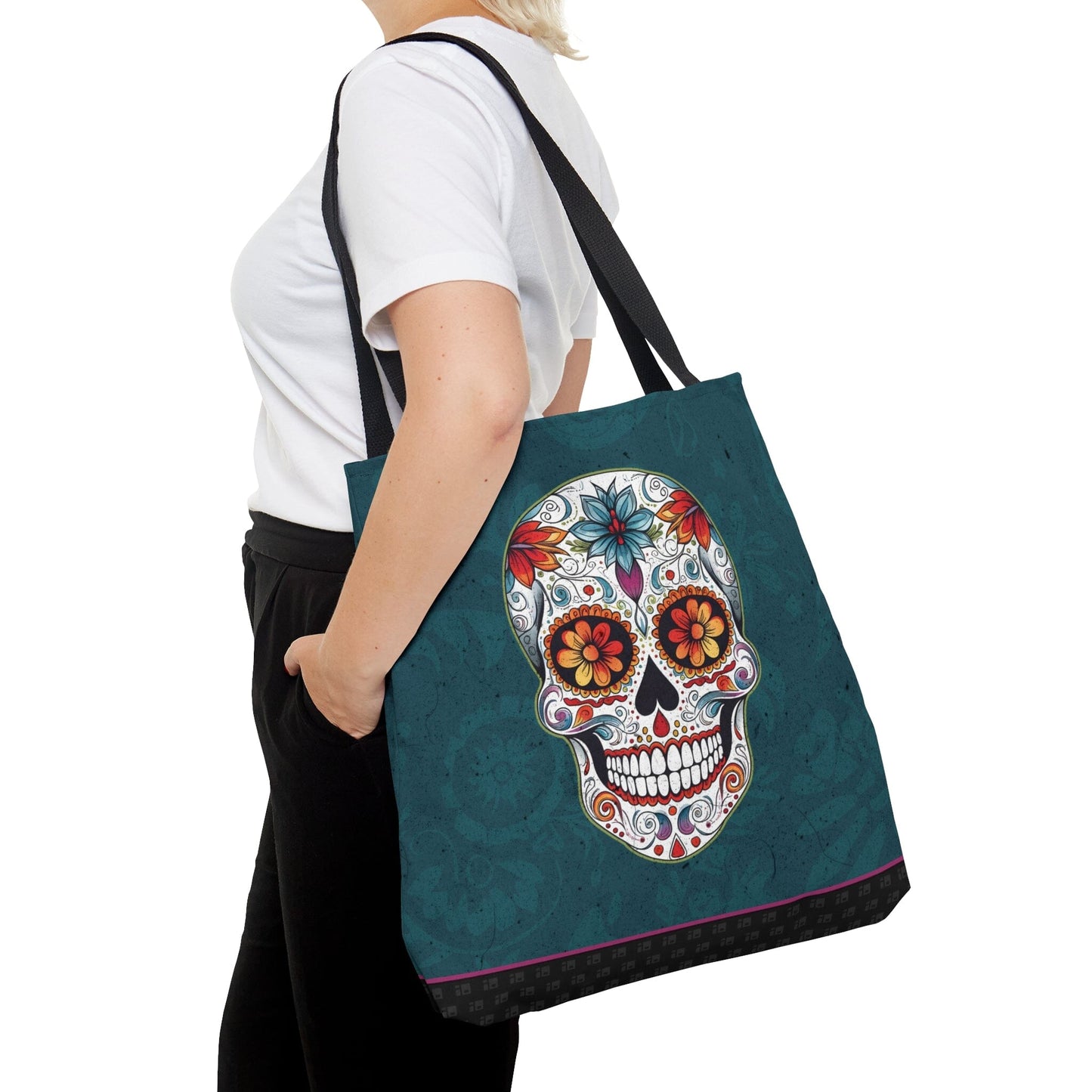Traditional Mexican Sugar Skull Tote Bag - Dia de los Muertos Calavera Inspired Canvas Bag Bags InkedOut Large
