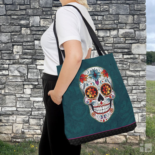 Traditional Mexican Sugar Skull Tote Bag - Dia de los Muertos Calavera Inspired Canvas Bag Bags InkedOut Small
