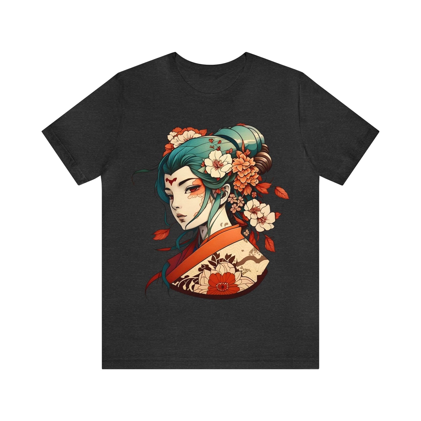Unisex Anime-Style Japanese Geisha- Tattoo Inspired Short Sleeve Tee T-Shirt InkedOut Dark Grey Heather S