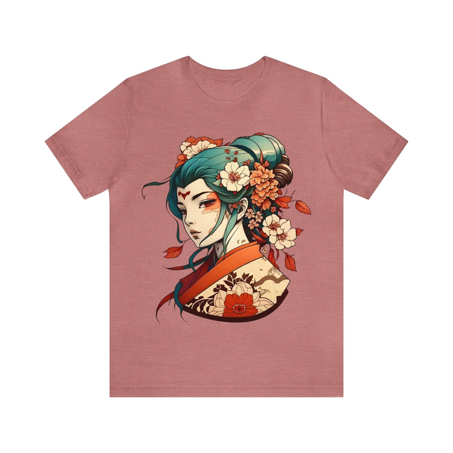 Unisex Anime-Style Japanese Geisha- Tattoo Inspired Short Sleeve Tee T-Shirt InkedOut Heather Mauve S
