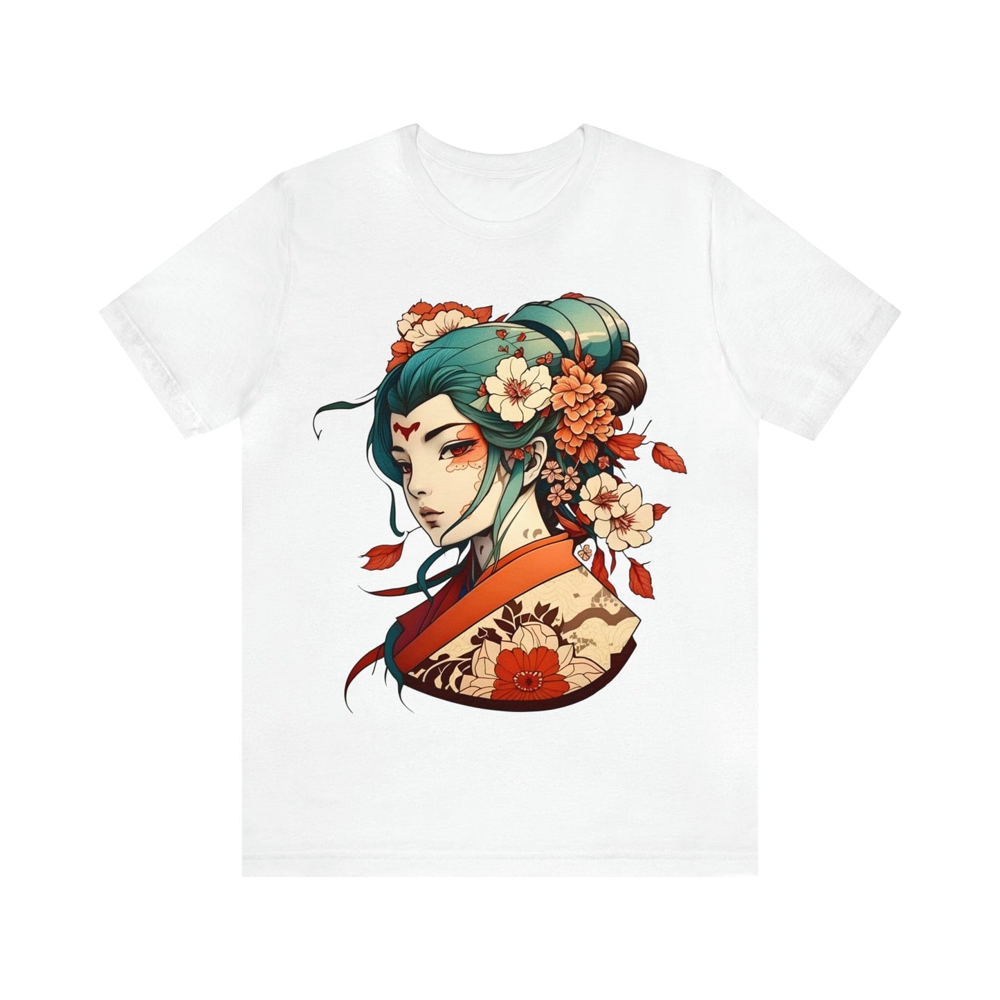 Unisex Anime-Style Japanese Geisha- Tattoo Inspired Short Sleeve Tee T-Shirt InkedOut White M