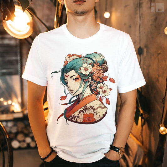 Unisex Anime-Style Japanese Geisha- Tattoo Inspired Short Sleeve Tee T-Shirt InkedOut White S