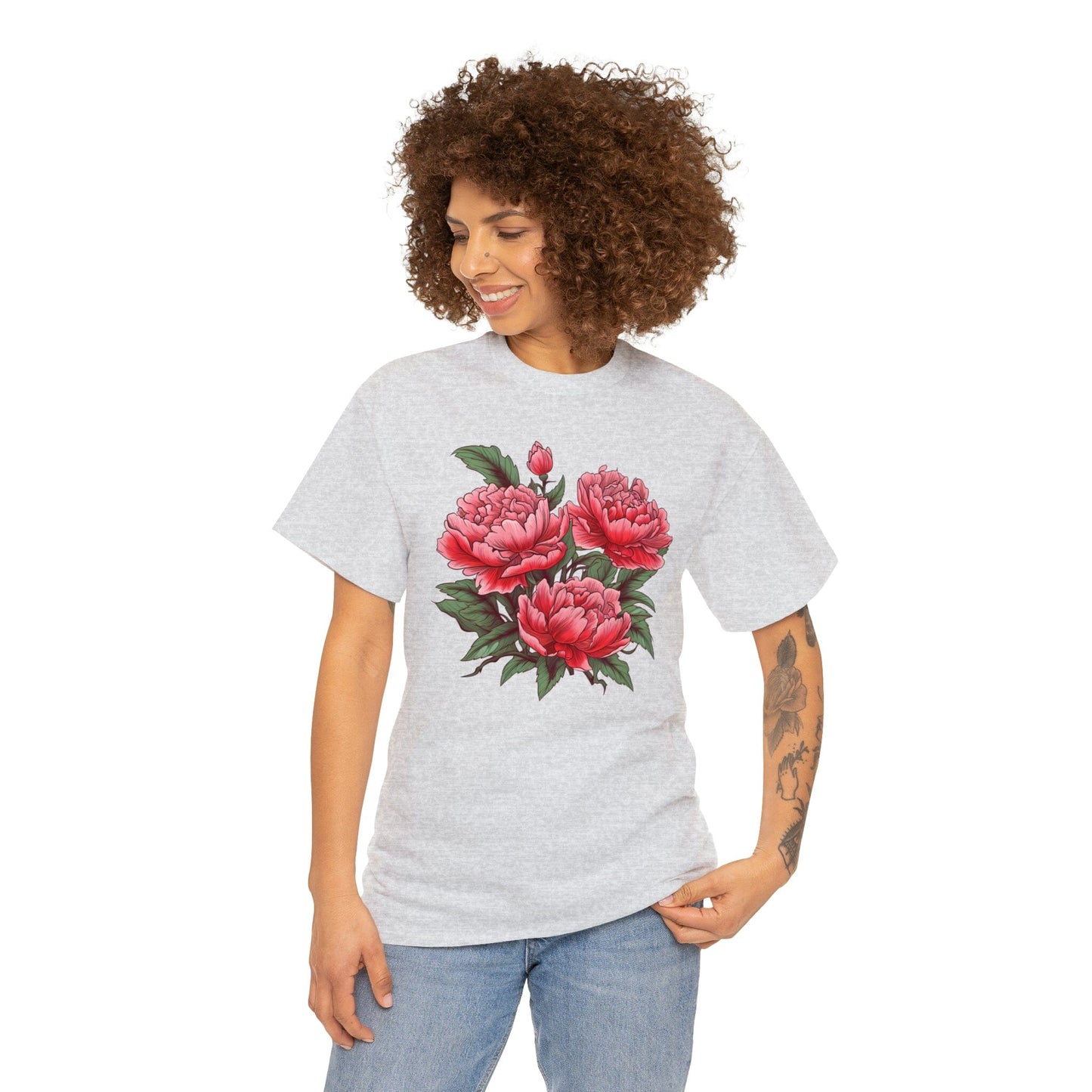 Unisex Japanese-Style Pink Peonies Tattoo Design T-shirt T-Shirt Printify