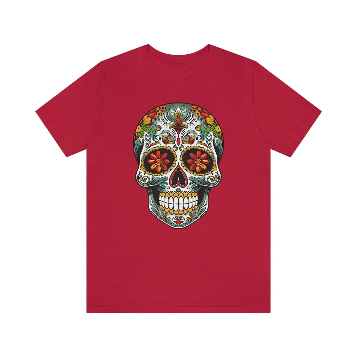 Unisex Mexican Calavera Skull T-Shirt- Tattoo Inspired Day of the Dead Apparel T-Shirt Printify XS Red