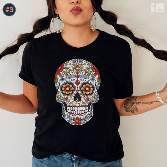 Unisex Mexican Sugar Skull T-Shirt- Unique Tattoo Inspired Tee T-Shirt Printify XS Black