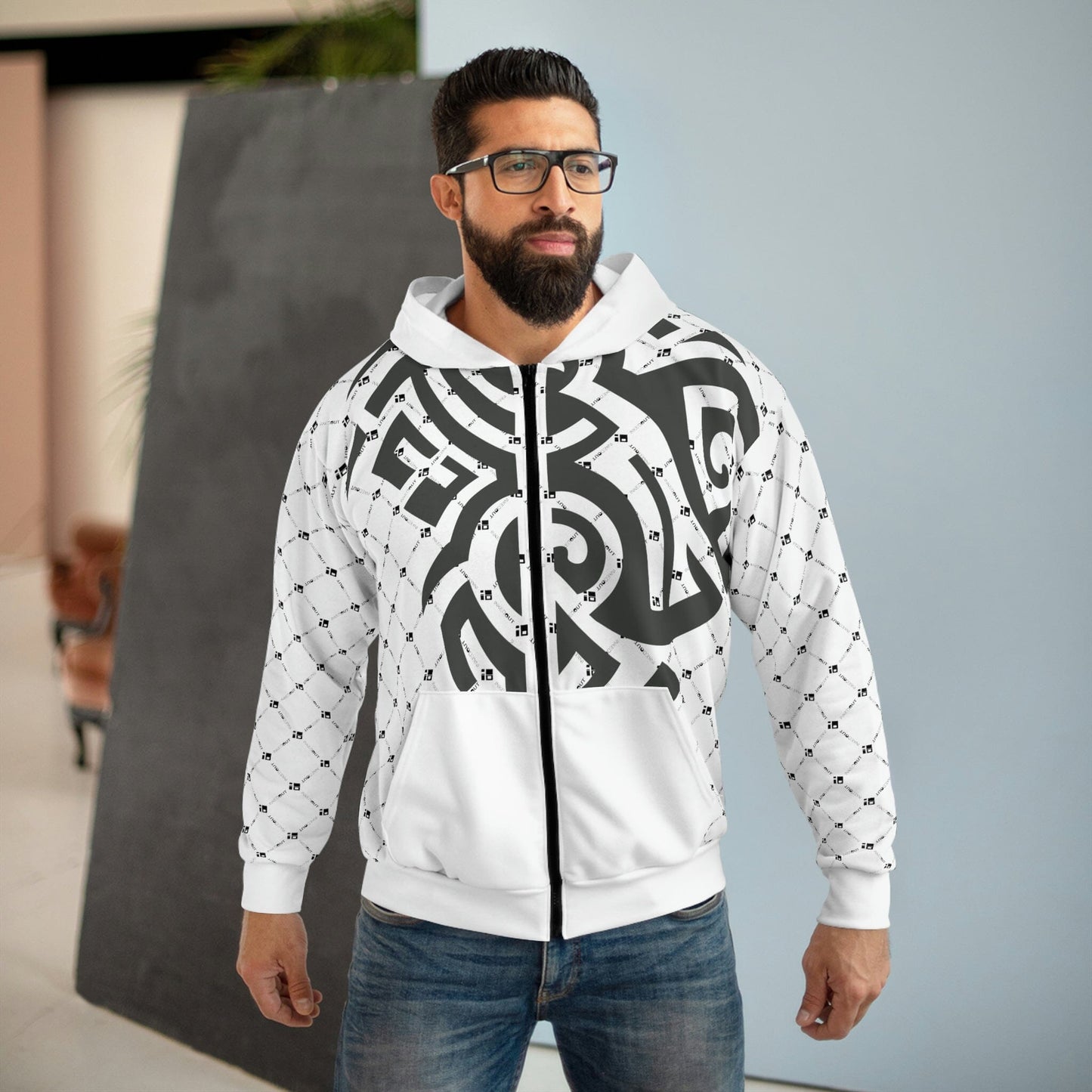 White Zip Hoodie with Graphite Gray Tribal Tattoo Design- Unisex All Over Prints Printify