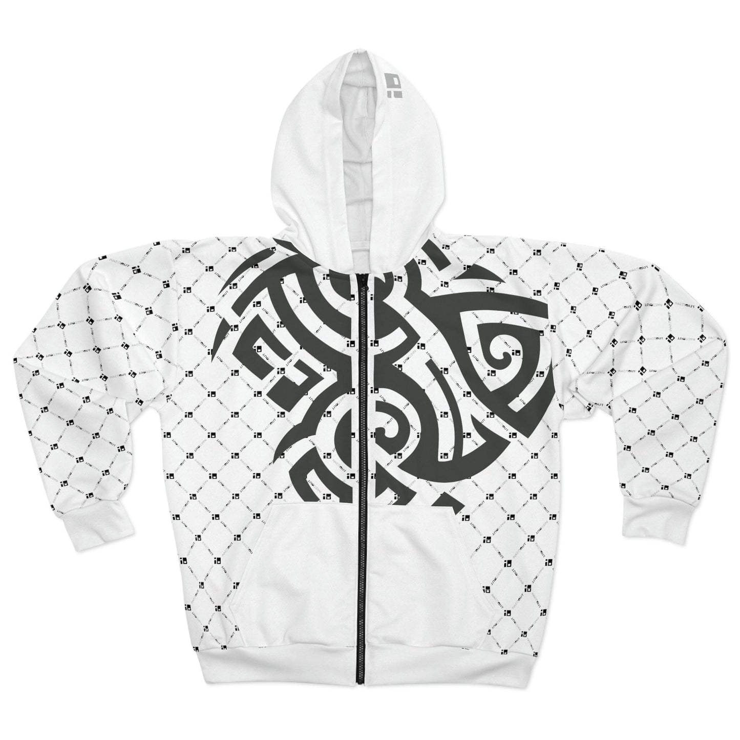 White Zip Hoodie with Graphite Gray Tribal Tattoo Design- Unisex All Over Prints Printify