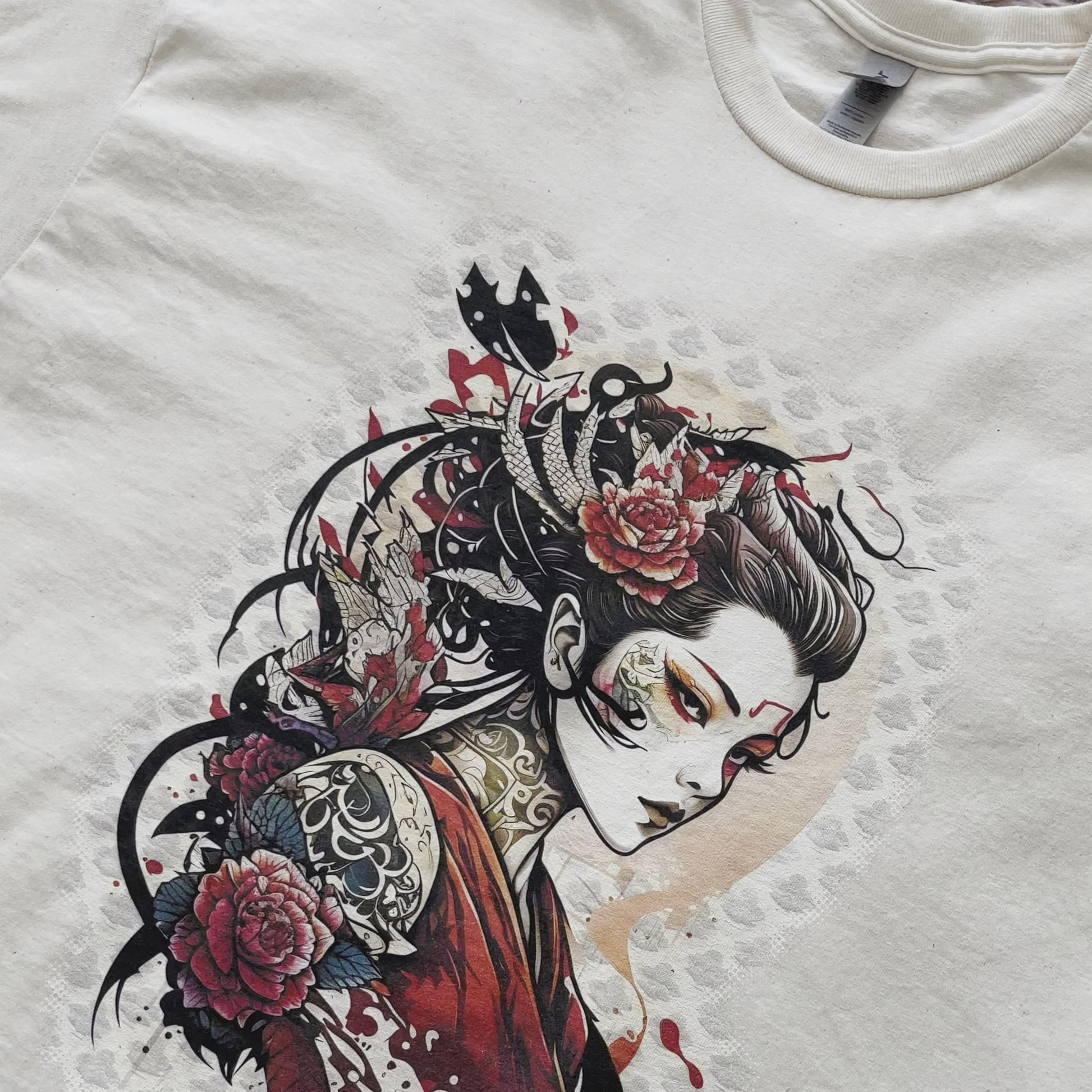 Unisex T-Shirt showcasing a unique Geisha design inspired by Japanese tattoo art, marrying comfort, style, and cultural appreciation.