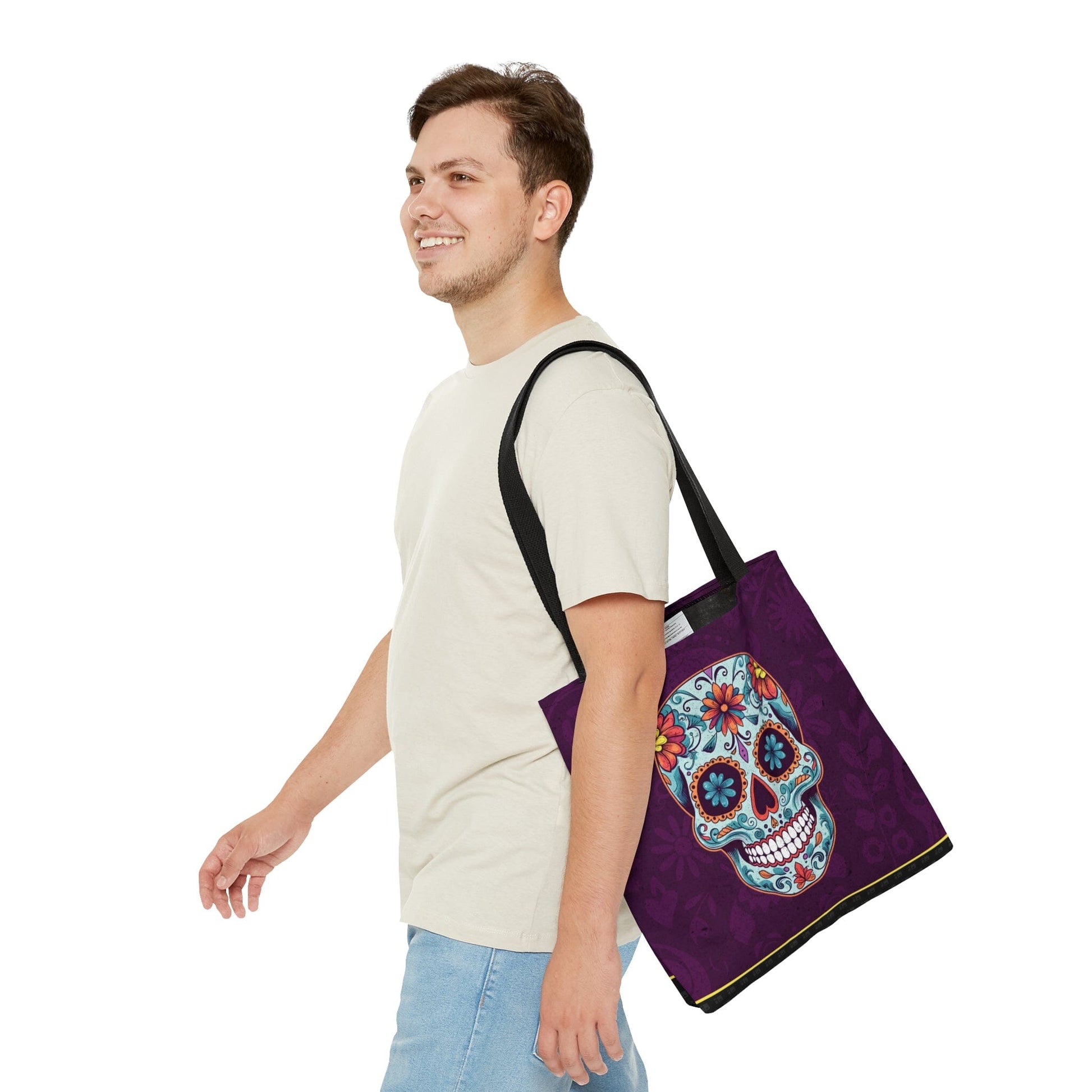 Lost Queen Sugar Skull Shoulder Bag - Purple Candy Flower Print, Cotton Canvas, Large Tote, 17x12x7 Inches