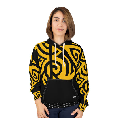 Black Pullover Hoodie with Intense Yellow Tribal Tattoo Design- Unisex All Over Prints InkedOut 