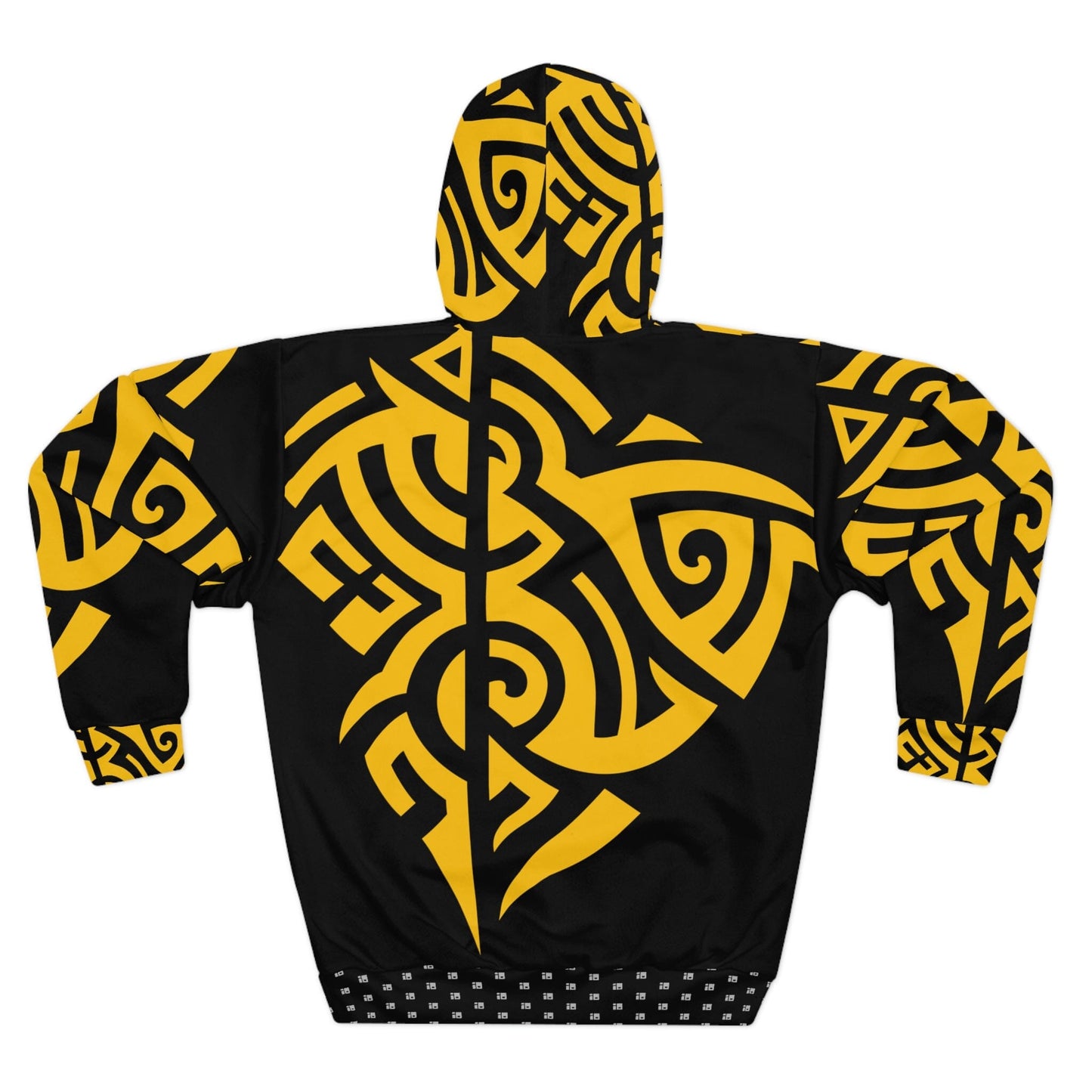 Black Pullover Hoodie with Intense Yellow Tribal Tattoo Design- Unisex All Over Prints InkedOut 