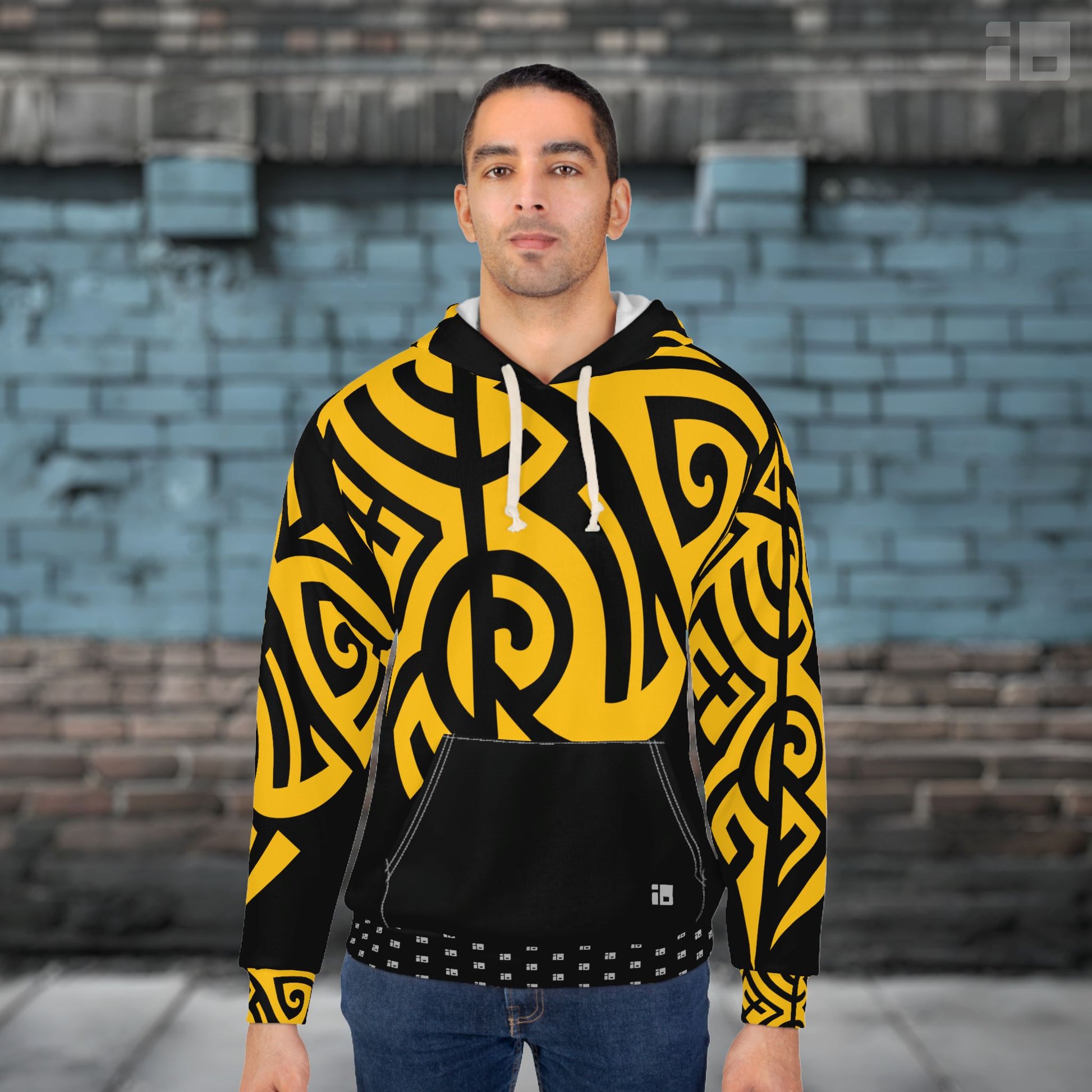 Black Pullover Hoodie with Intense Yellow Tribal Tattoo Design- Unisex All Over Prints InkedOut 