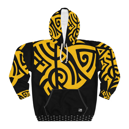 Black Pullover Hoodie with Intense Yellow Tribal Tattoo Design- Unisex All Over Prints InkedOut S 