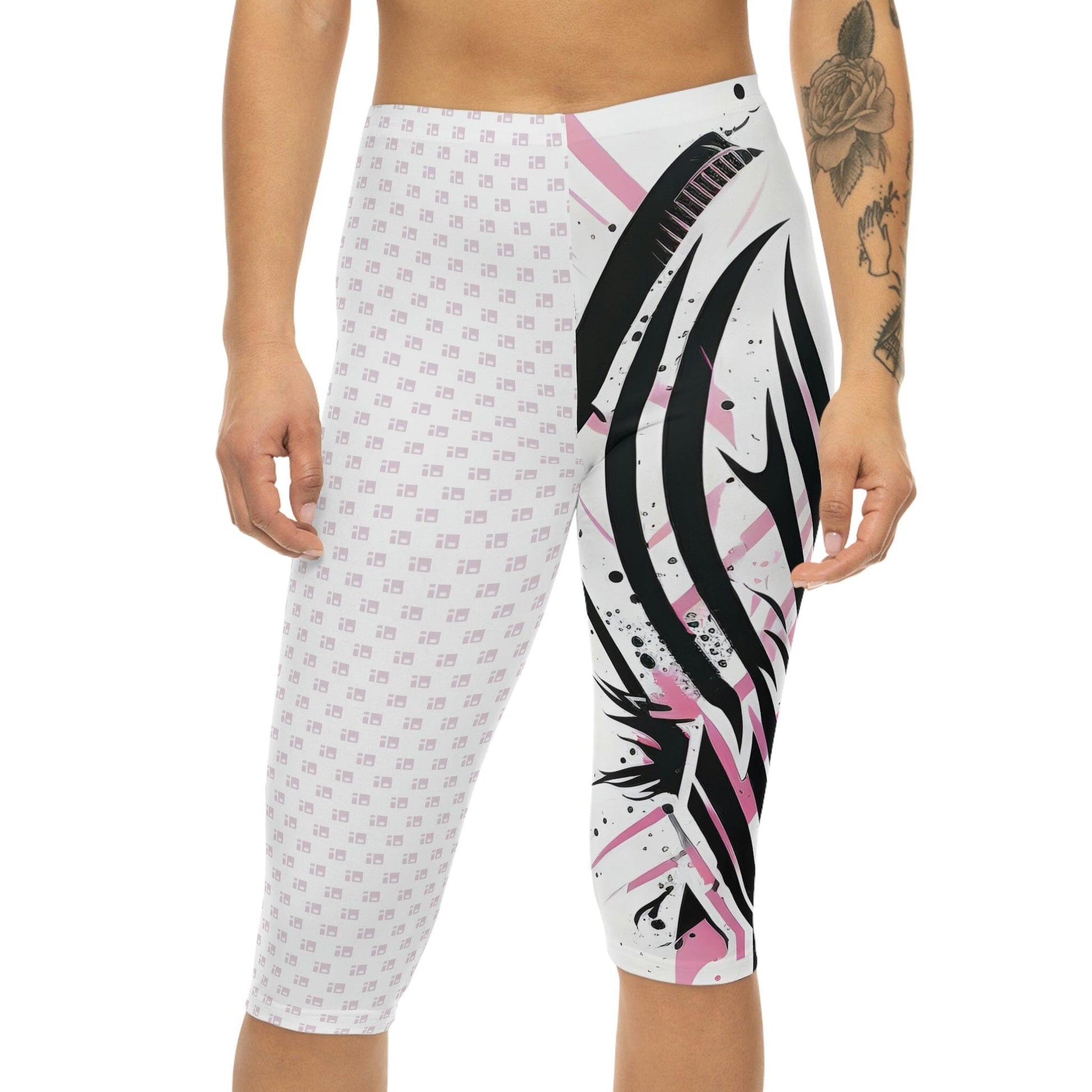 Capri Leggings with Black & Pink Tribal Tattoo Design All Over Prints Printify 