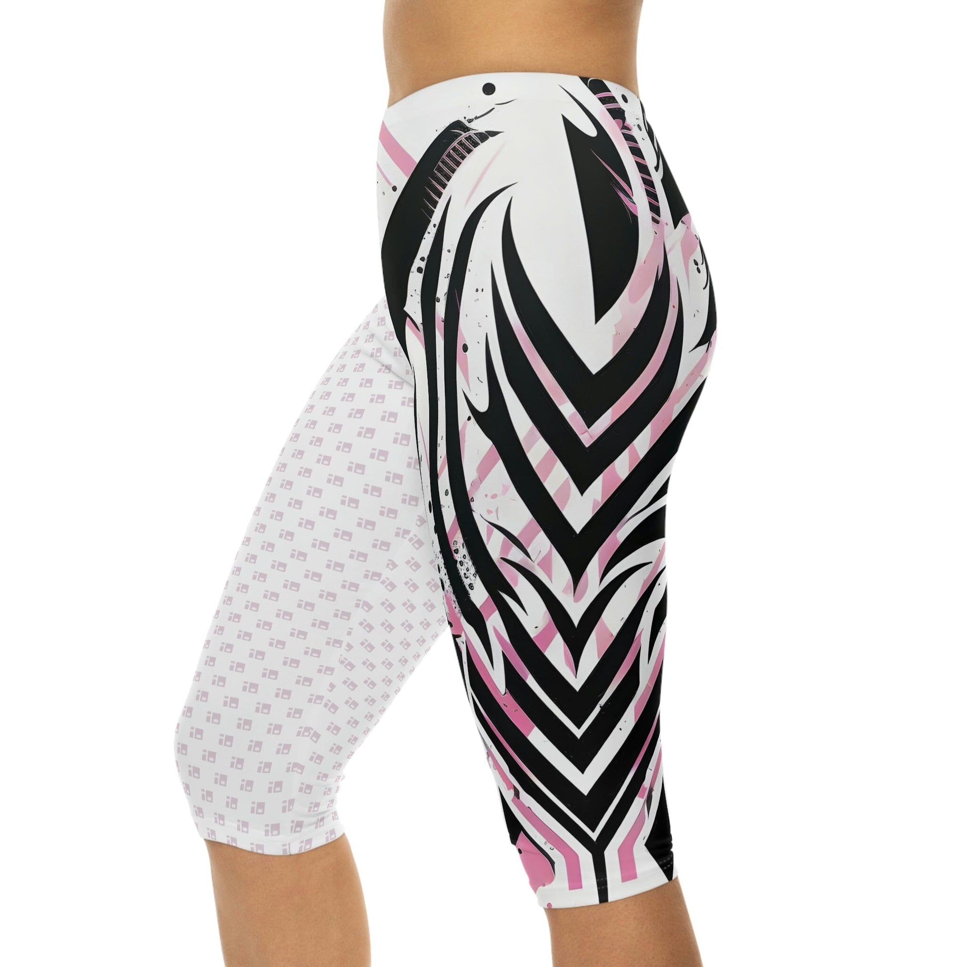 Capri Leggings with Black & Pink Tribal Tattoo Design All Over Prints Printify 