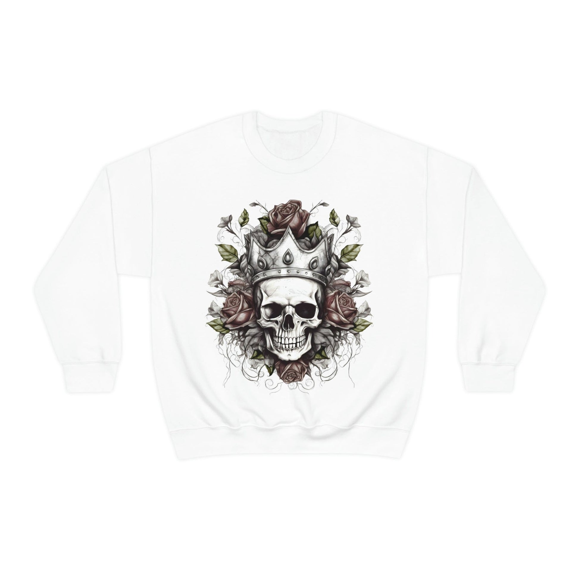 Classic Crown Skull and Roses Tattoo Design Sweatshirt- Unisex Sweatshirt Printify M White 