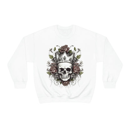 Classic Crown Skull and Roses Tattoo Design Sweatshirt- Unisex Sweatshirt Printify M White 