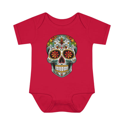 Colorful and Intricate Sugar Skull Baby Onesie™ Kids clothes Printify 6M Red 