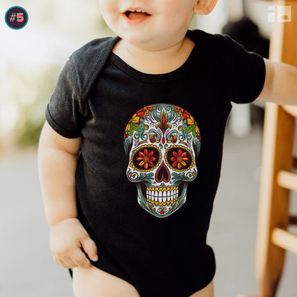 Colorful and Intricate Sugar Skull Baby Onesie™ Kids clothes Printify NB (0-3M) Black 
