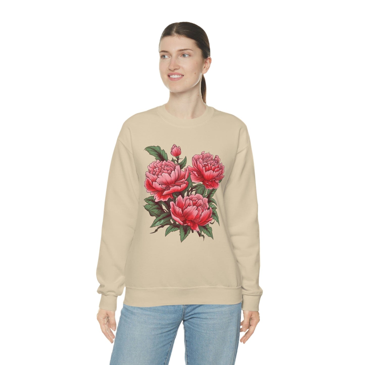 Japanese Art Style Pink Peonies Sweatshirt- Unisex Sweatshirt Printify 