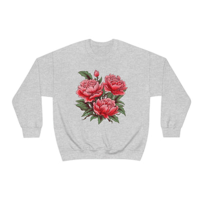 Japanese Art Style Pink Peonies Sweatshirt- Unisex Sweatshirt Printify S Ash 