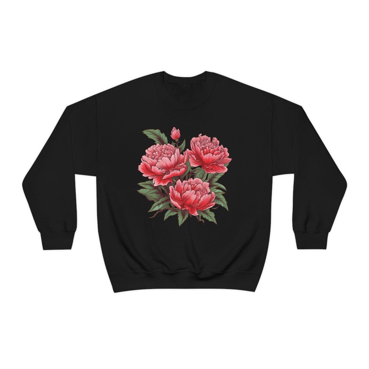 Japanese Art Style Pink Peonies Sweatshirt- Unisex Sweatshirt Printify S Black 