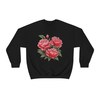 Japanese Art Style Pink Peonies Sweatshirt- Unisex Sweatshirt Printify S Black 