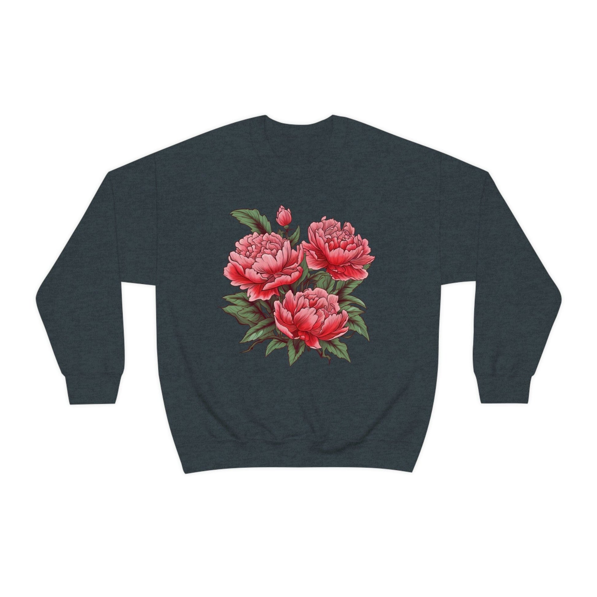 Japanese Art Style Pink Peonies Sweatshirt- Unisex Sweatshirt Printify S Dark Heather 