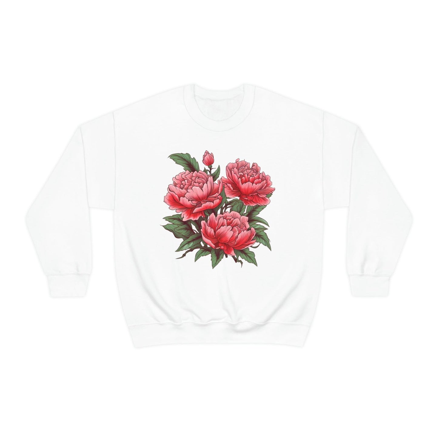 Japanese Art Style Pink Peonies Sweatshirt- Unisex Sweatshirt Printify S White 