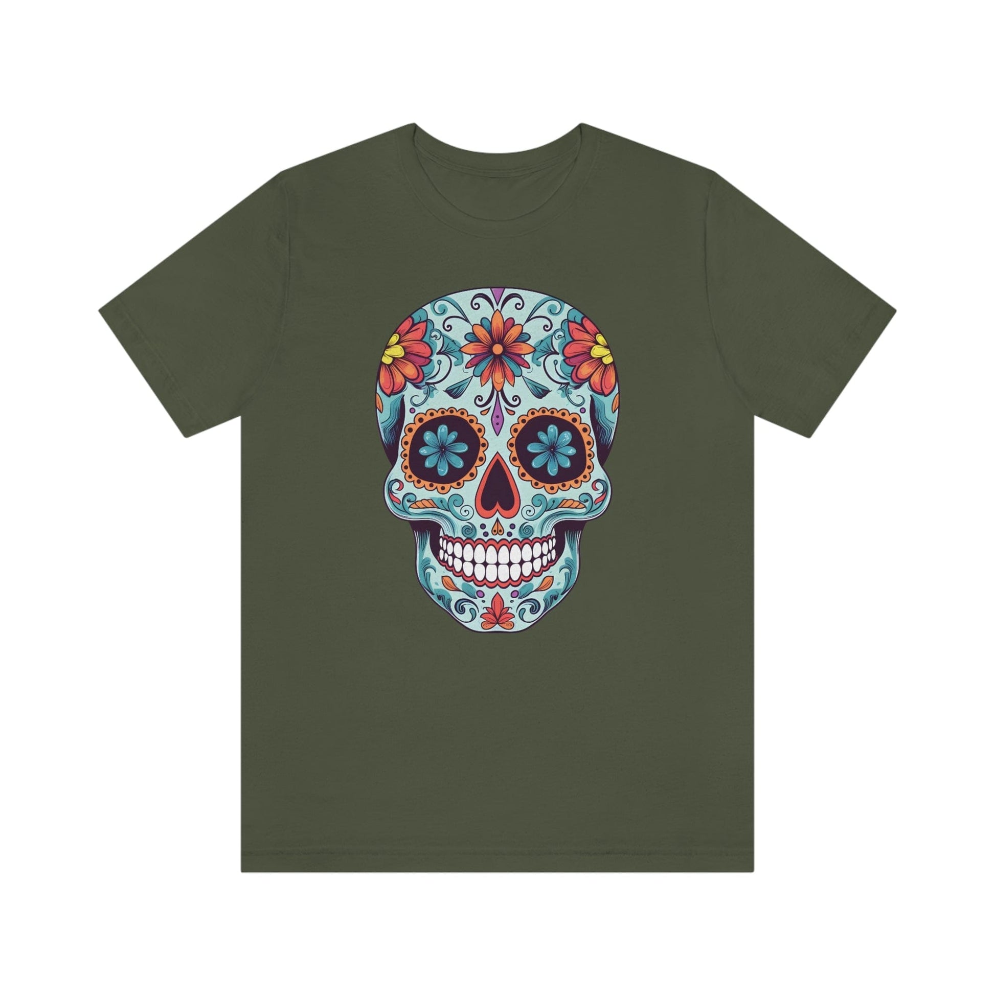 Unisex Day of the Dead Calavera T-Shirt - Mexican Sugar Skull Tee T-Shirt Printify XS Military Green 