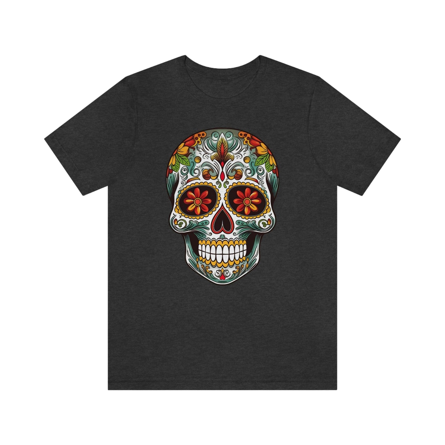 Unisex Mexican Calavera Skull T-Shirt- Tattoo Inspired Day of the Dead Apparel T-Shirt Printify S Dark Grey Heather 