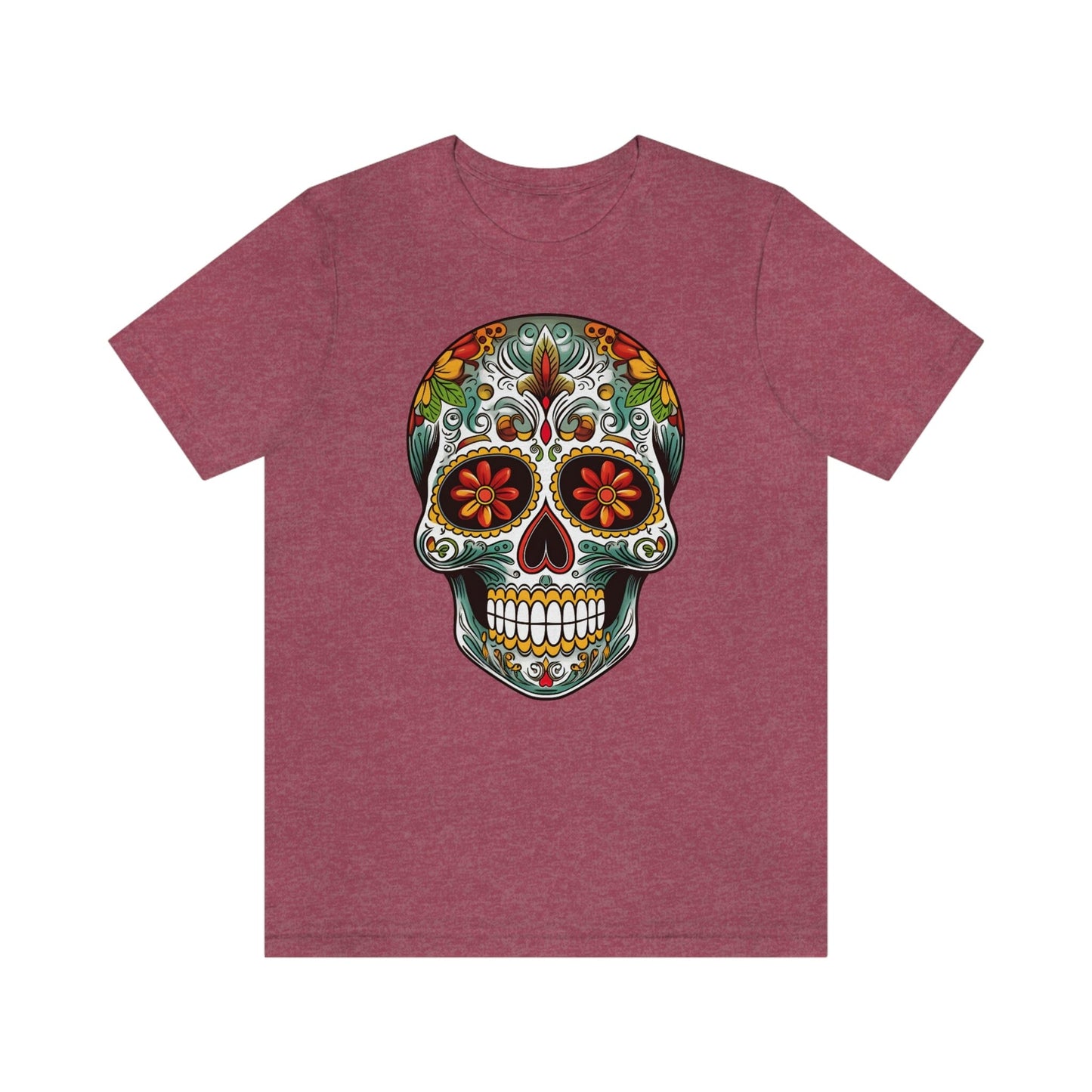 Unisex Mexican Calavera Skull T-Shirt- Tattoo Inspired Day of the Dead Apparel T-Shirt Printify S Heather Raspberry 