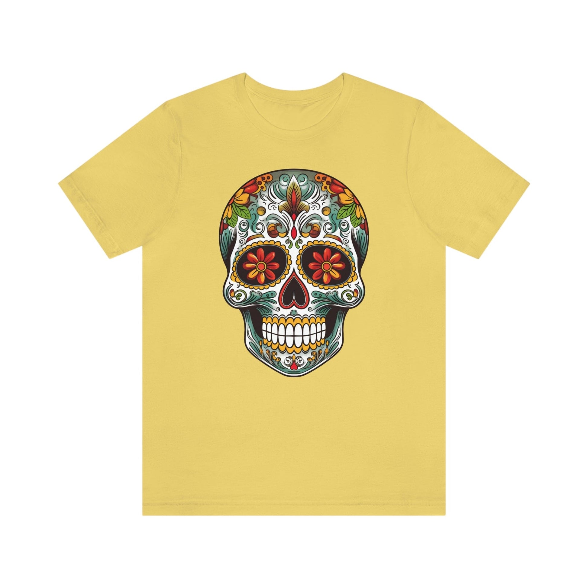 Unisex Mexican Calavera Skull T-Shirt- Tattoo Inspired Day of the Dead Apparel T-Shirt Printify S Yellow 