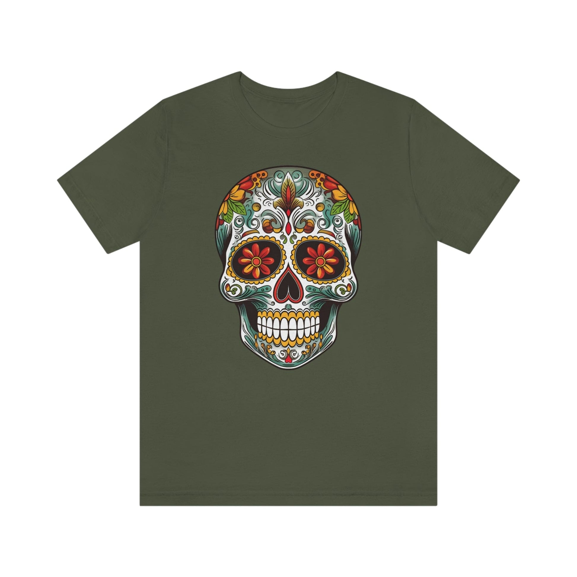 Unisex Mexican Calavera Skull T-Shirt- Tattoo Inspired Day of the Dead Apparel T-Shirt Printify XS Military Green 