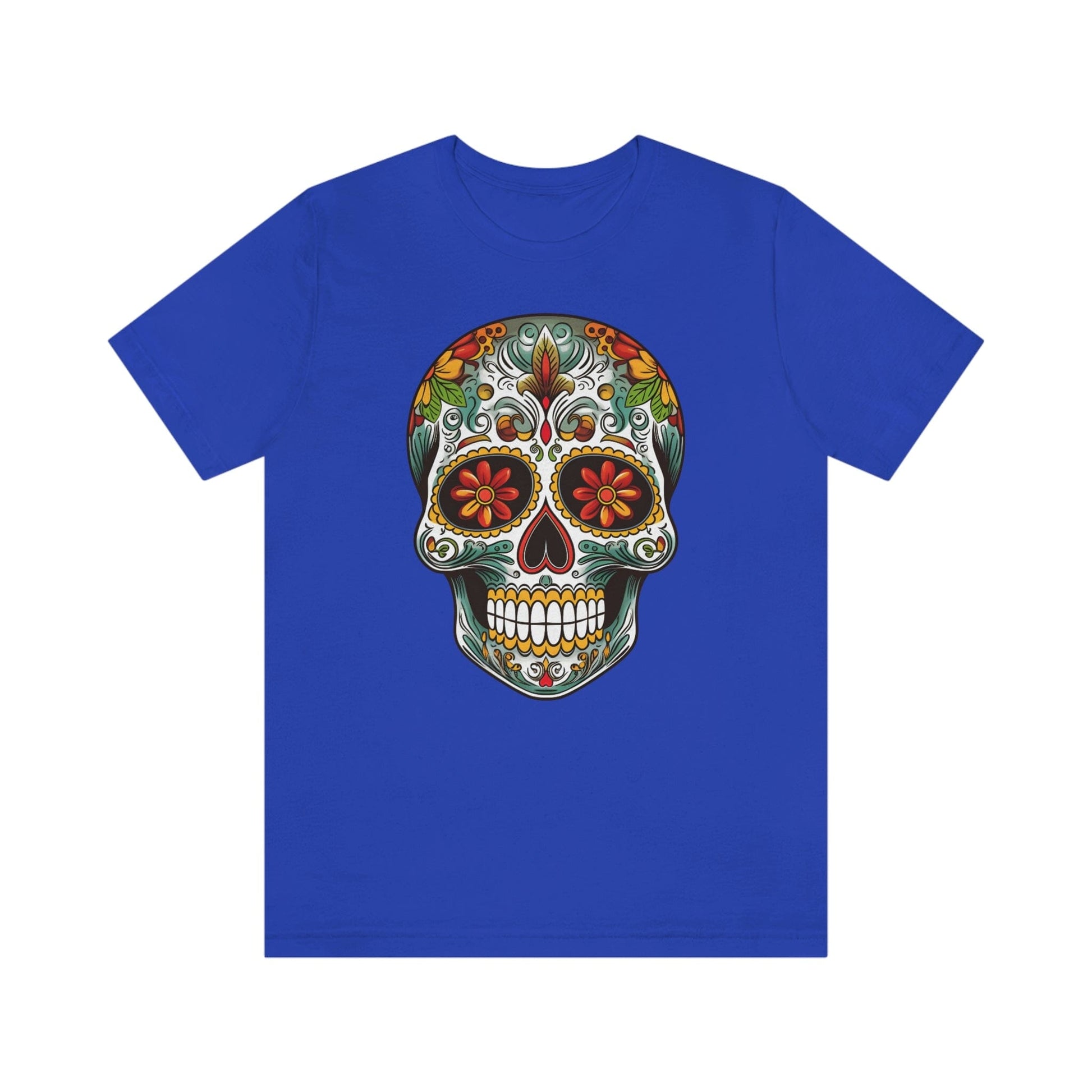 Unisex Mexican Calavera Skull T-Shirt- Tattoo Inspired Day of the Dead Apparel T-Shirt Printify XS True Royal 