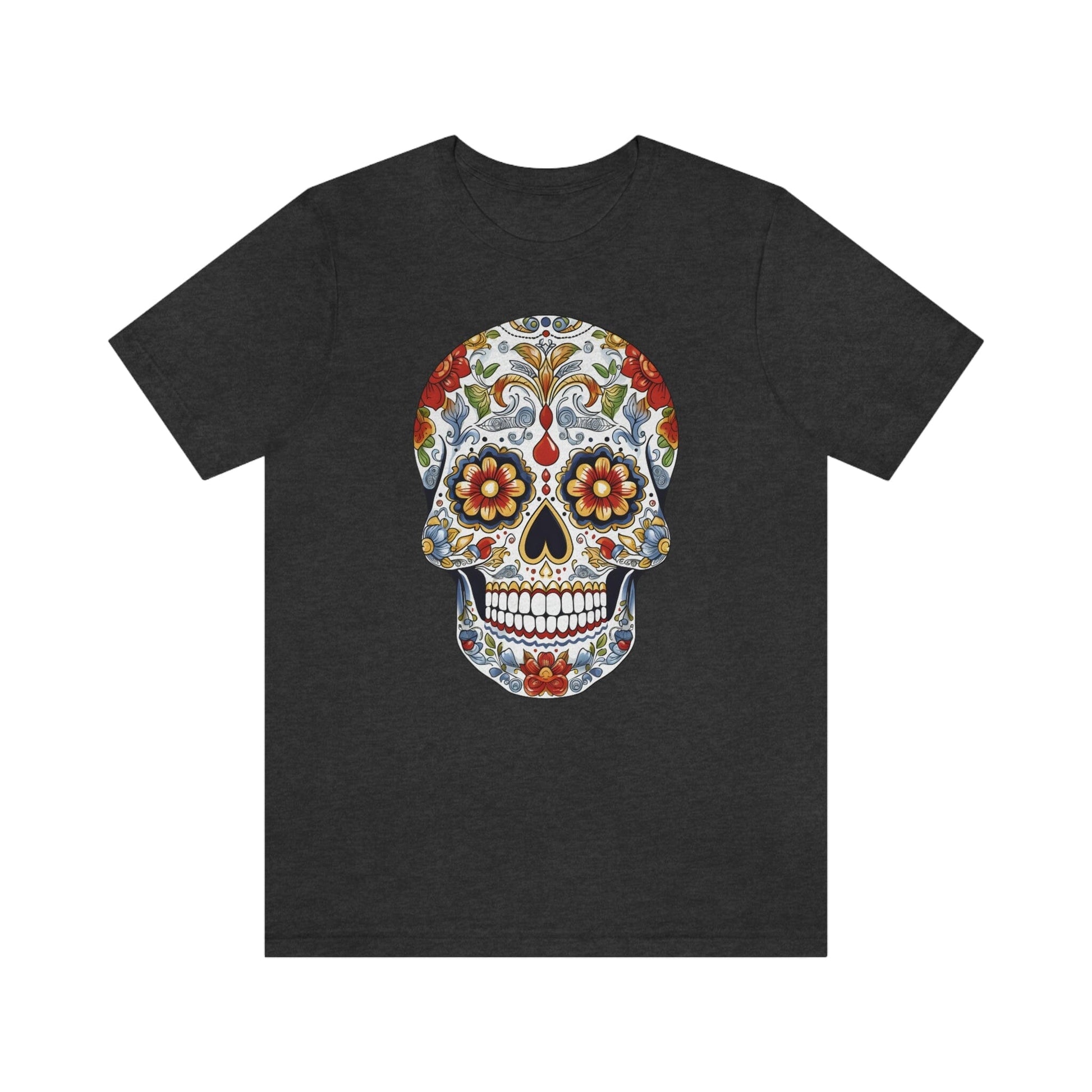 Unisex Mexican Sugar Skull T-Shirt- Unique Tattoo Inspired Tee T-Shirt Printify S Dark Grey Heather 